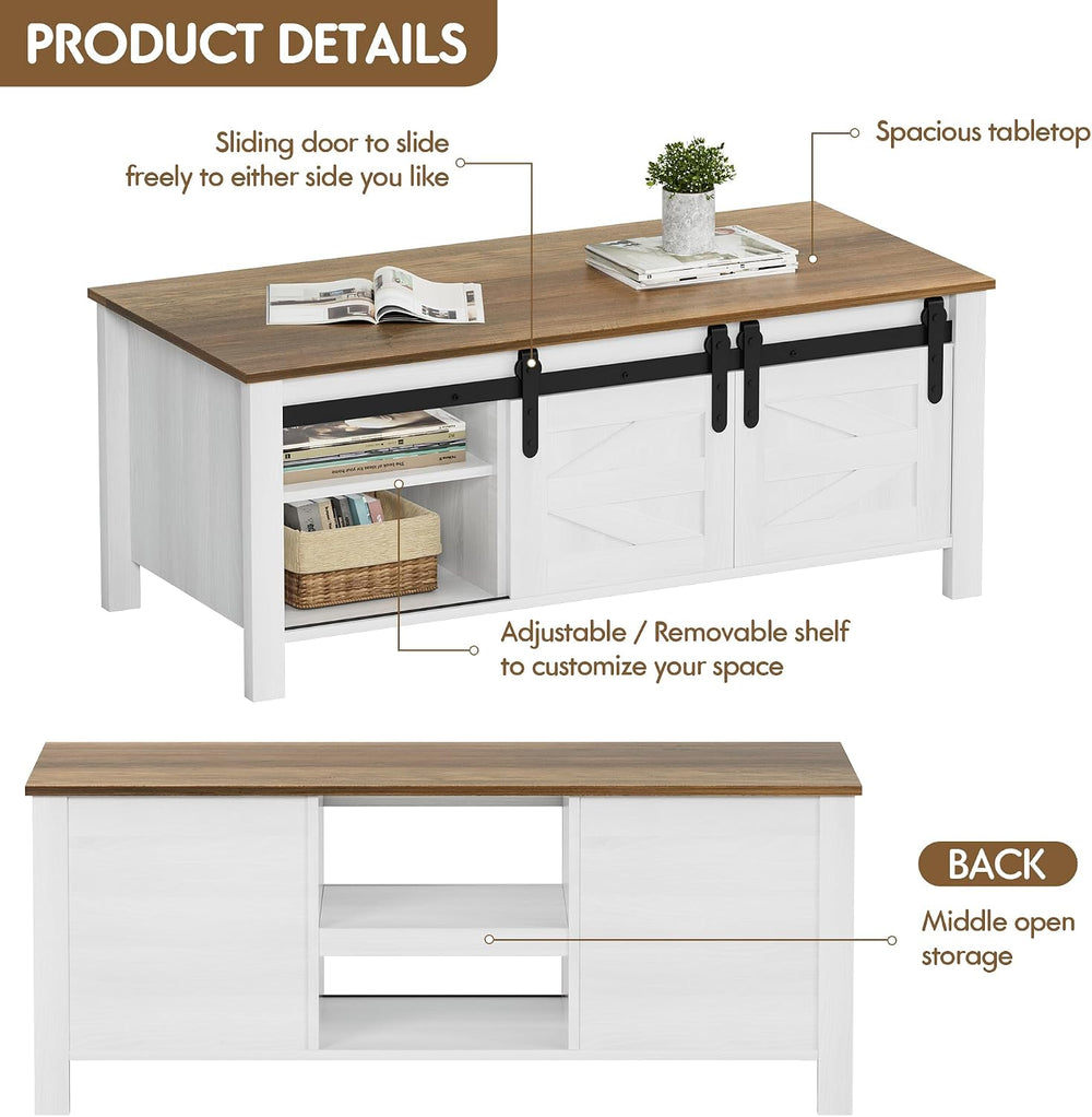 JUMMICO Farmhouse Coffee Table with Storage & Sliding Barn Doors, Modern ...