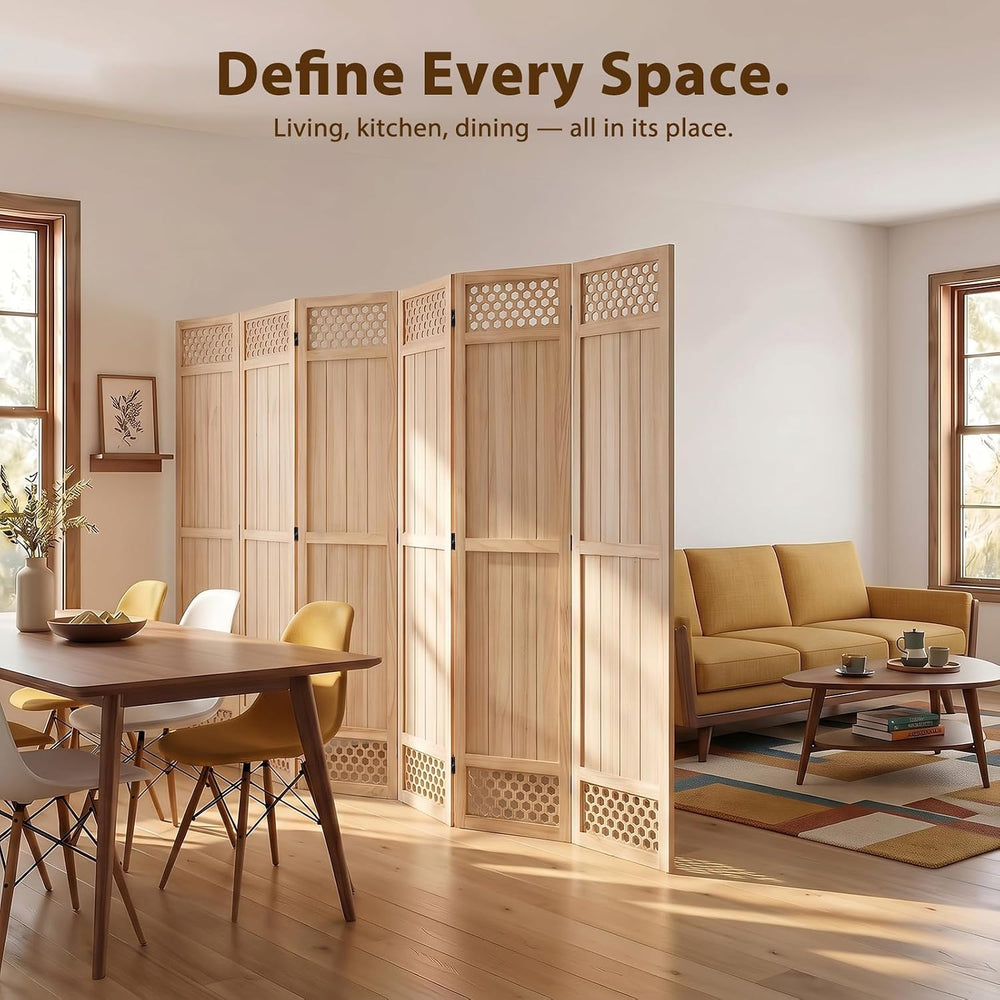 Wood Room Divider Privacy Screen, Natrual Carved Room Divider 6 Panel 67"
