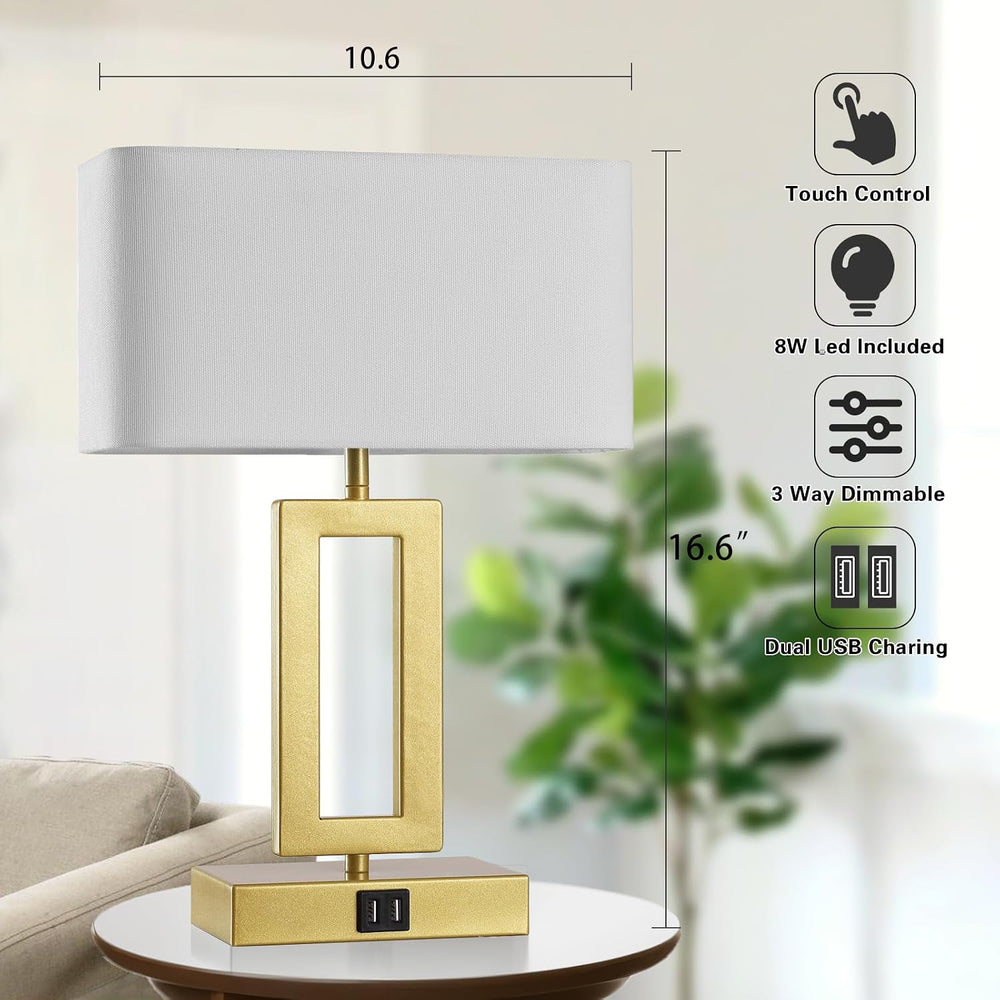 gernehop Gold Table Lamps Set of 2 with Dual USB Ports,3-Way Dimmable Touch C...