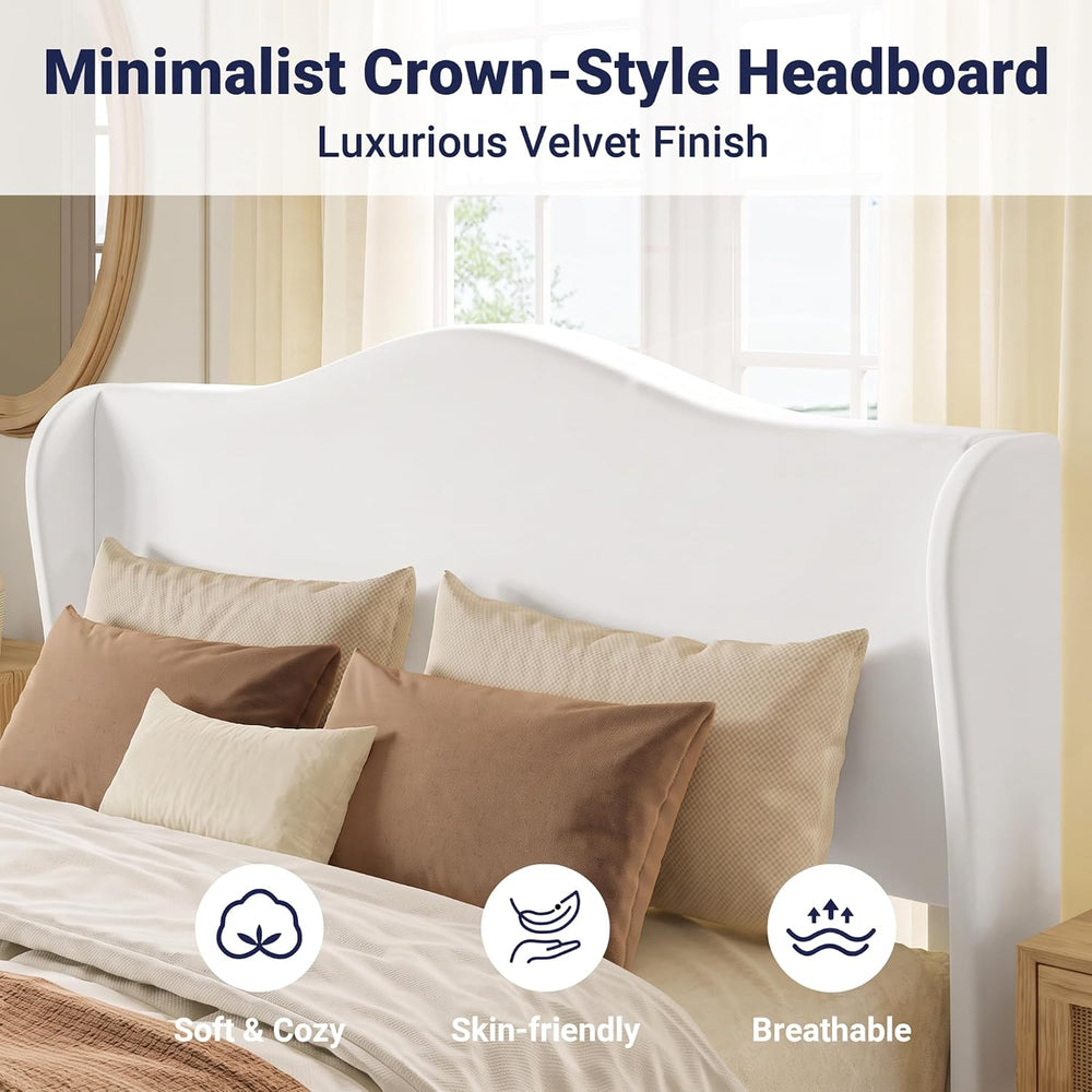 Allewie Queen Size Bed Frame, Plush Velvet Wingback, Modern Style, White
