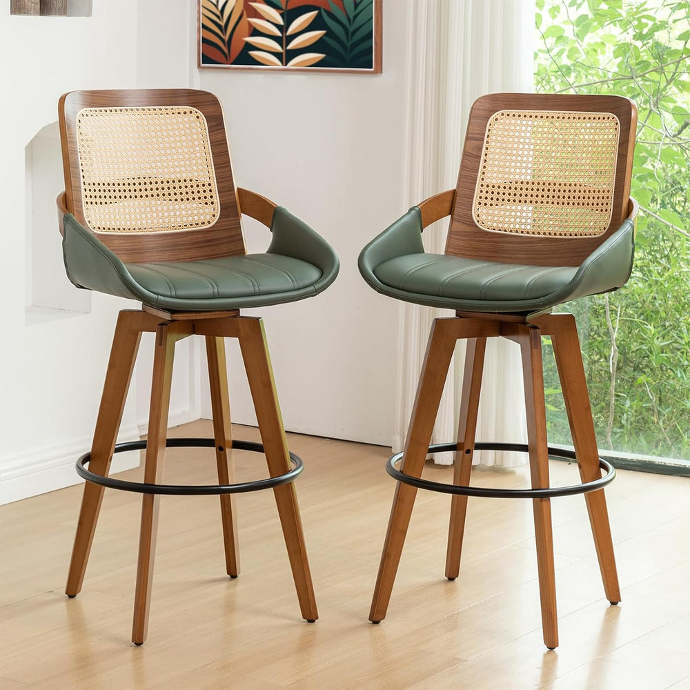 Rattan Swivel Bar Stools, Mid Century Bar Height Bar Stools with Back
