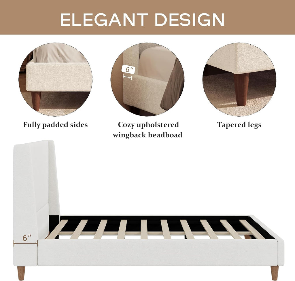 Modern Boucle Upholstered Platform Bed, with Wingback Headboard and Walnut Wooden Legs, No Box Spring Needed, Queen Size, White