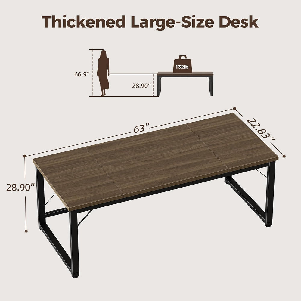 Mericonia 63 Inch Computer Desk, 1" Thick Large Office Table, Walnut