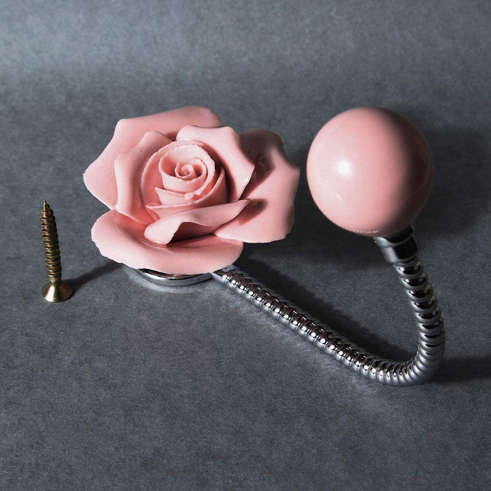 3D Flower Ceramic Wall Coat Hook, Rose Pink, 4 Pack