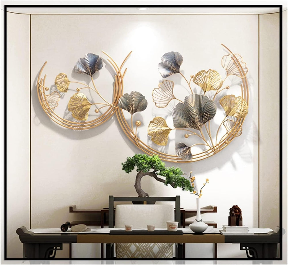 CDDUOLA 3D Room Wall Decor, Handmade Art Metal Round Golden Ginkgo Leaf Decor...