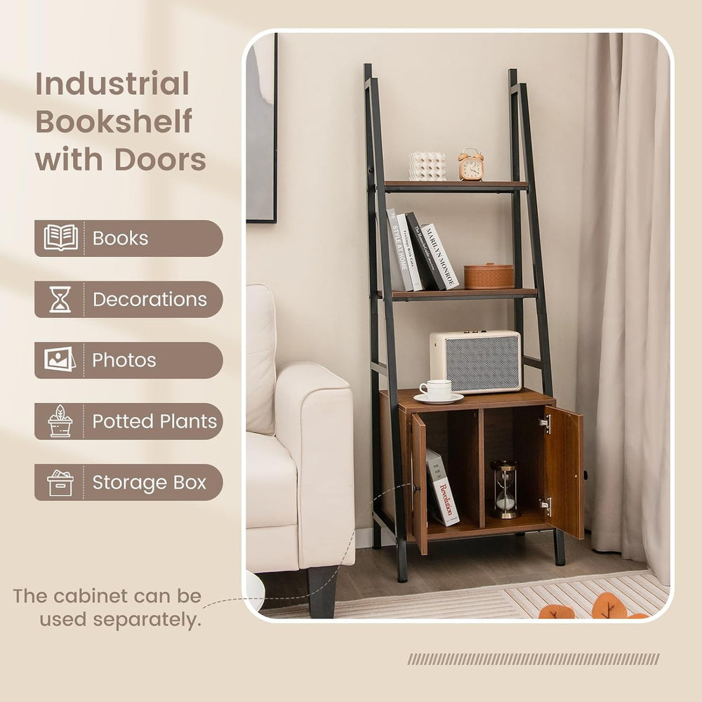 Tangkula 4-Tier Ladder Shelf, Industrial Bookshelf w/Cabinet, Rustic Brown