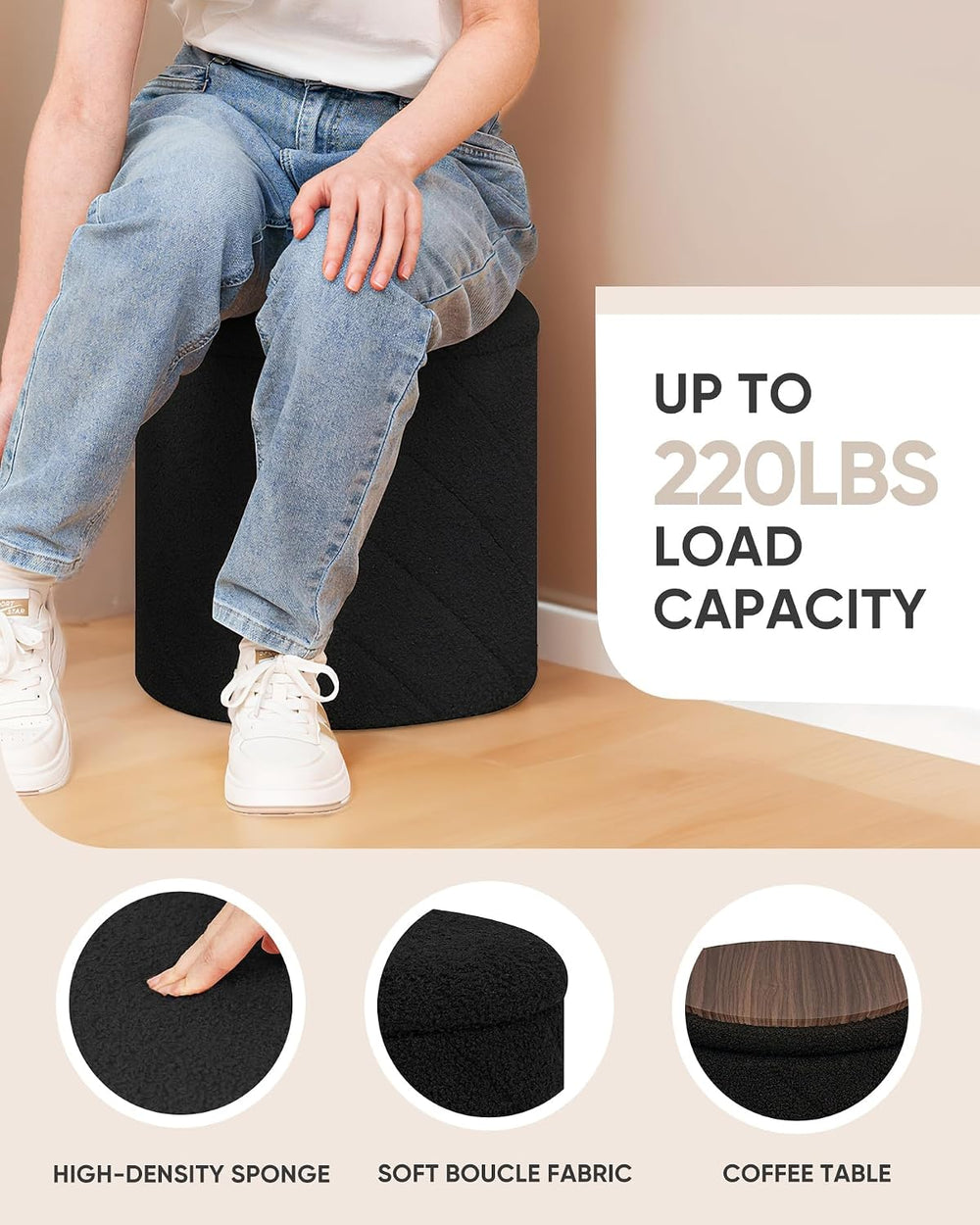 B FSOBEIIALEO Ottoman with Stroage, 13" Round Boucle Ottomans, Black