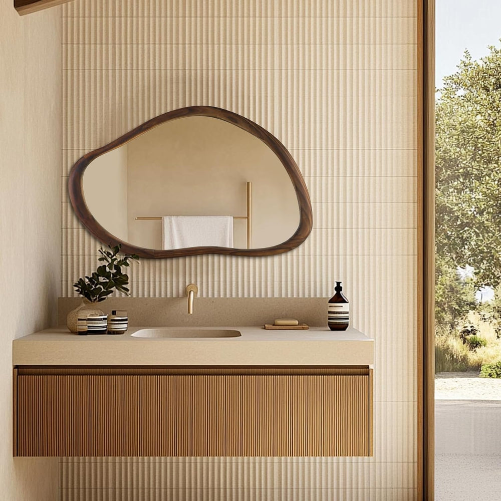 35"x24" Irregular Wall Mirror, Dark Walnut Wood Bathroom Mirror