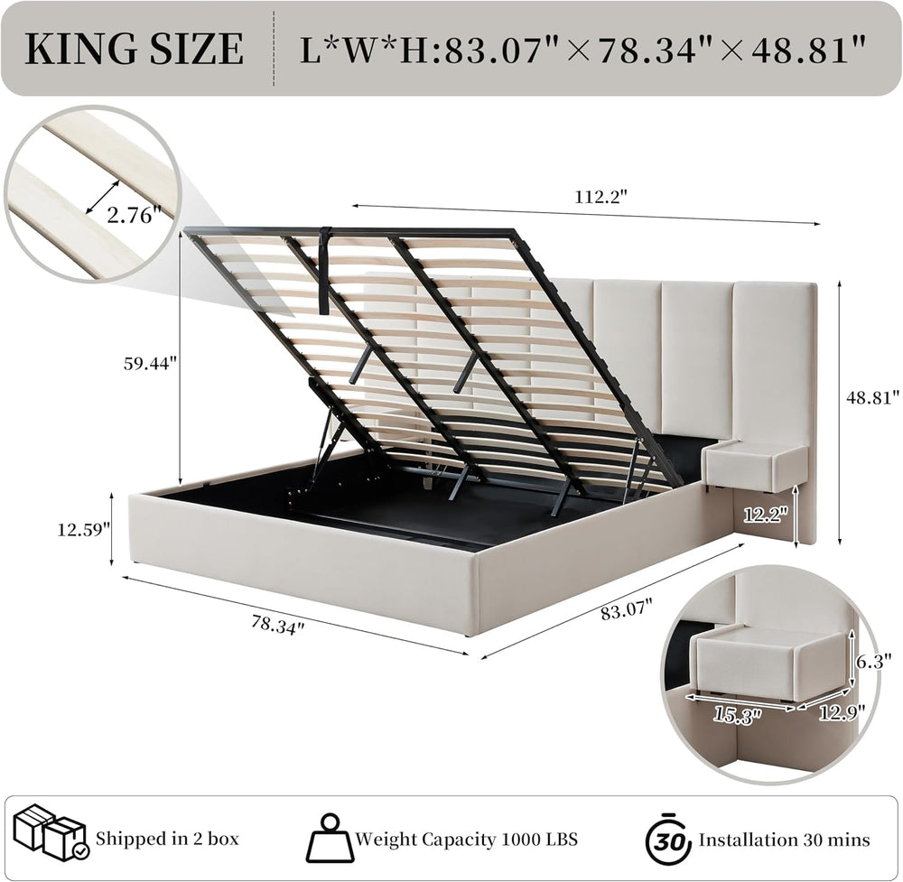 King Size Lift Up Storage Bed Frame with 2 Built-in Nightstands, Beige