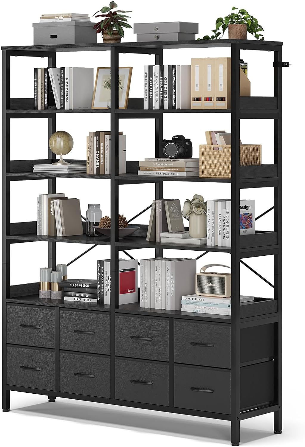 HAUOMS Bookshelf with 8 Fabric Drawers,Baffles Shelves, 7-Tier, Black