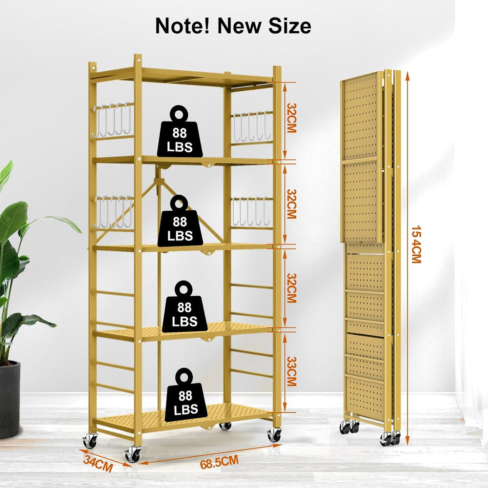 Himix 5-Tier Foldable Storage Shelves with 20 Hooks Wheels Bookshelf Gold