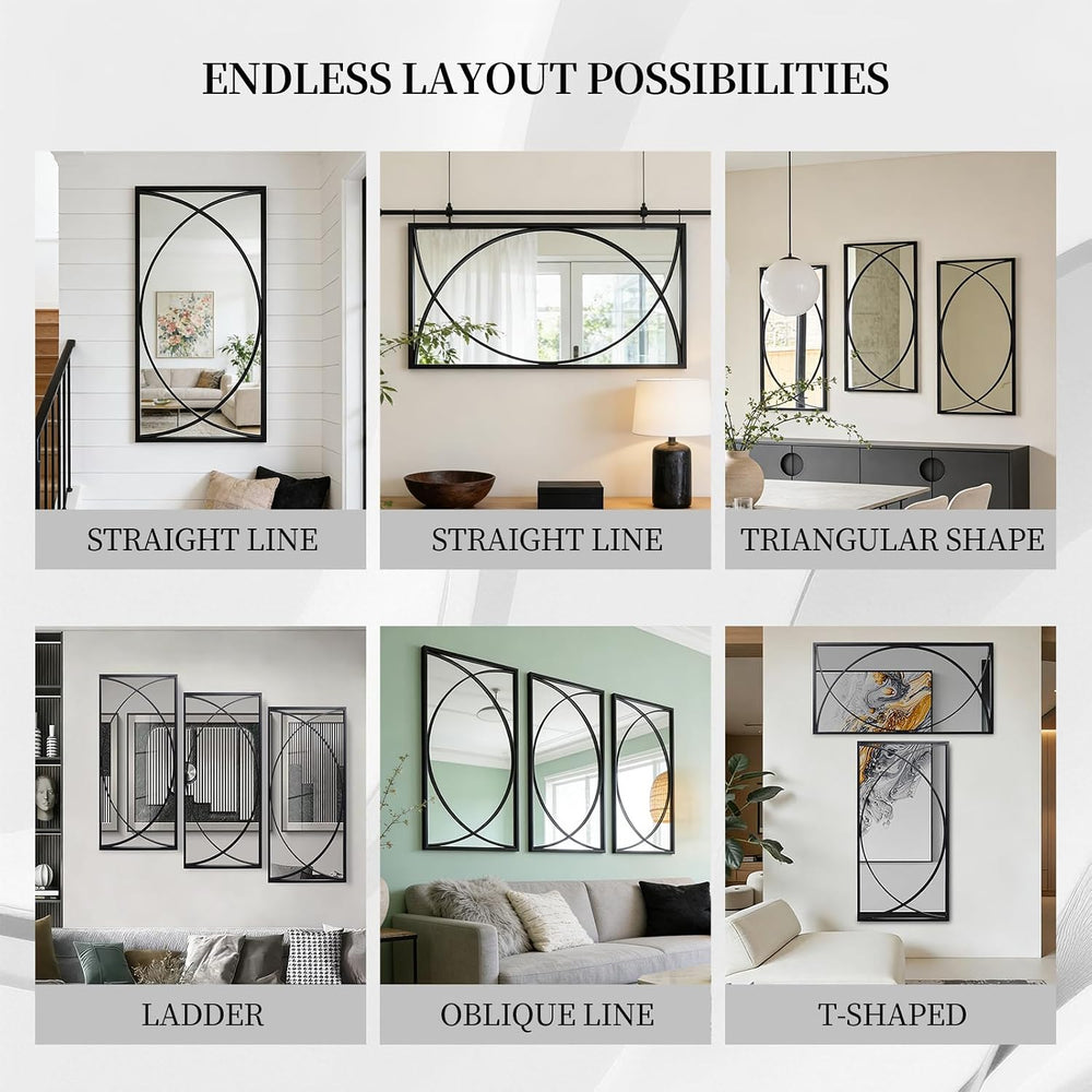 3-Piece Large Black Metal Rectangular Wall Mirror Set, Geometric Mirror