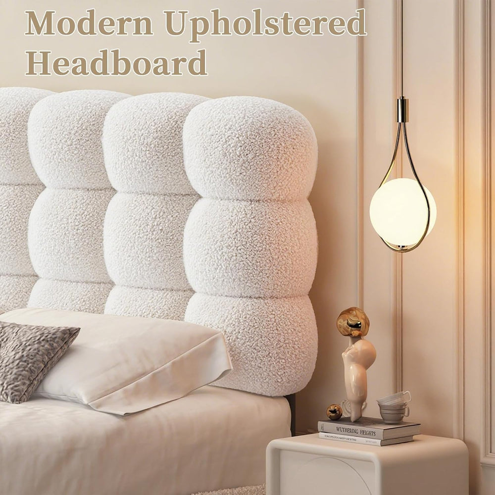 BarnFurin Queen Bed Frame, Soft Teddy Cloud Boucle Headboard, White