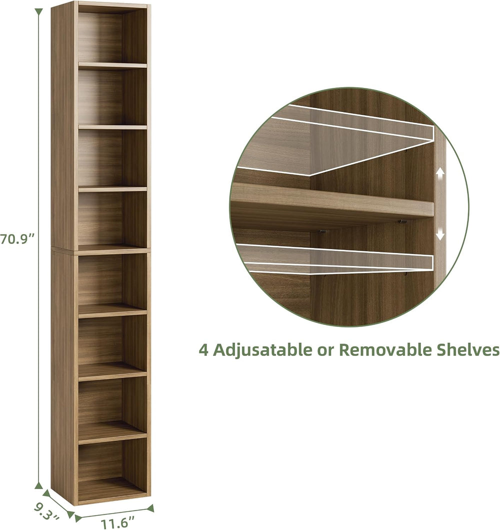Bamjoy 71 Inches Tall Narrow Bookshelf, 8-Tier Slim CD DVD Media Shelf, Corne...
