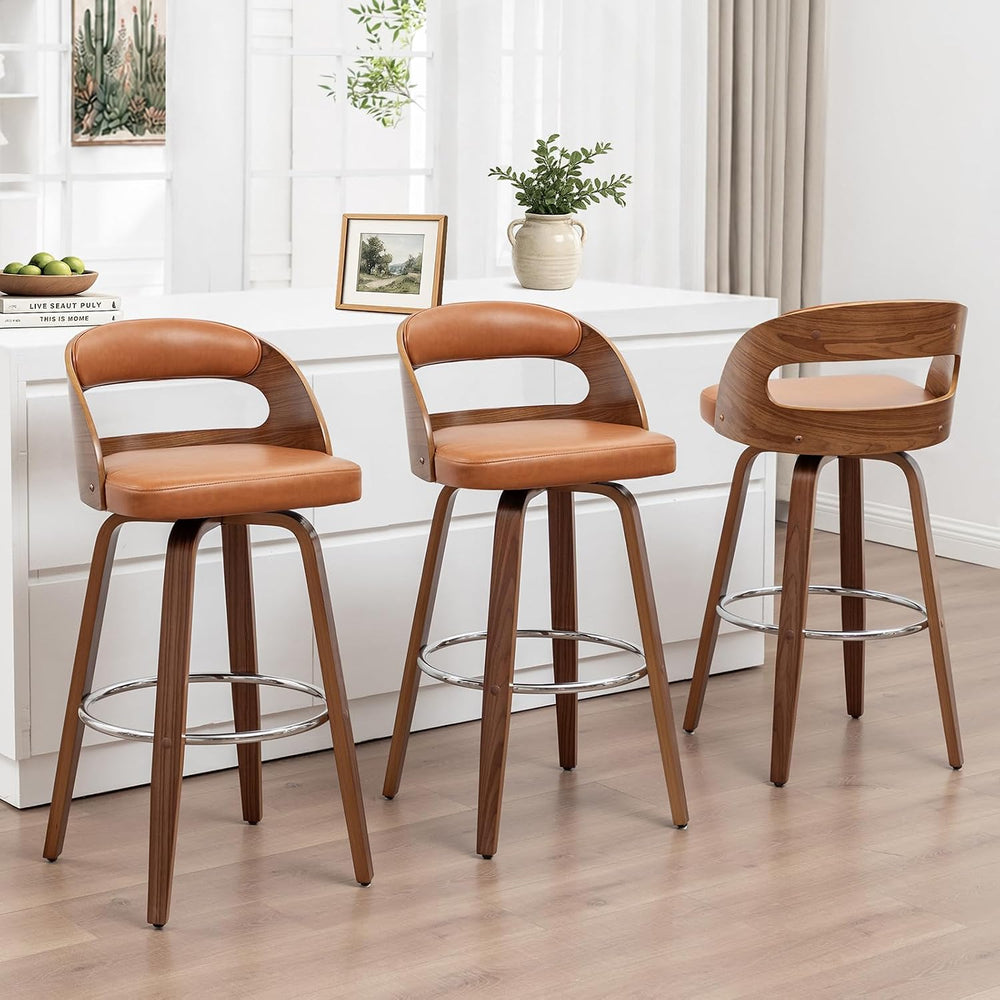 WUPOTO Mid Century Modern Upholstered Bar Stools with Walnut Bentwood Frame