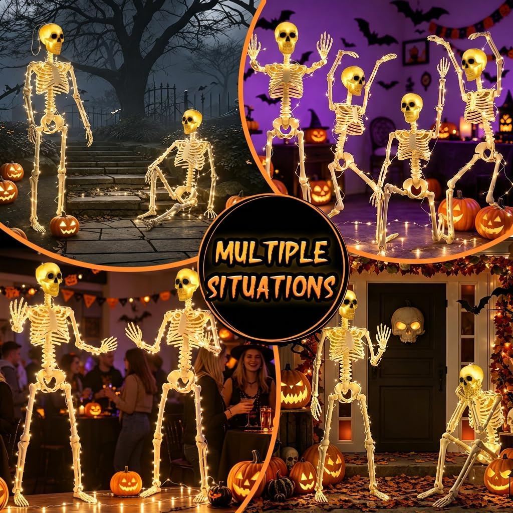 HBSTK 2 Pack 36 Inches 300 LED Light Up Halloween Skeleton Full Body Posable Movable Jonints for Halloween Decoration Décor