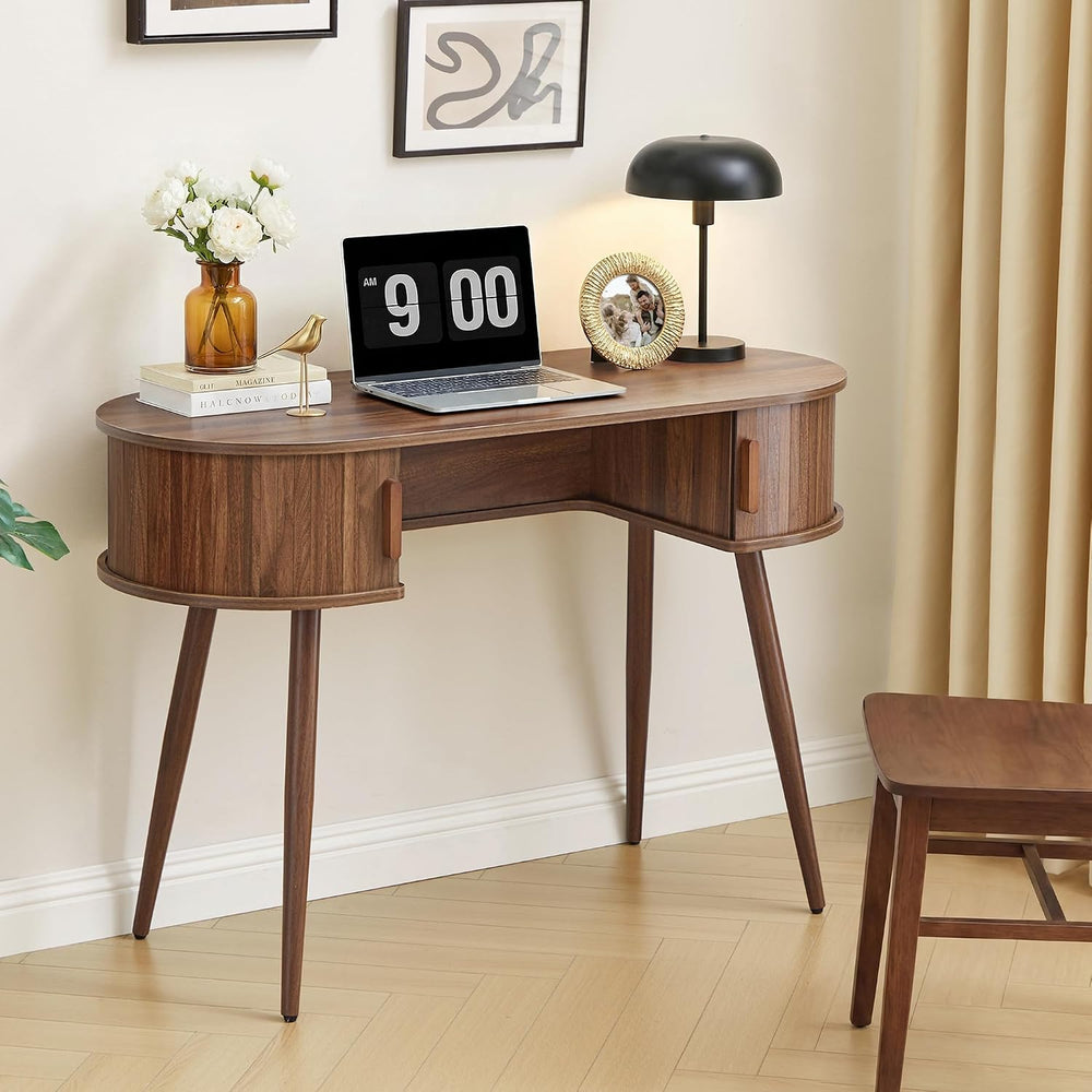 AVZEAR 43" Oval Fluted Home Office Desk, Small Writing Computer Desk,Walnut
