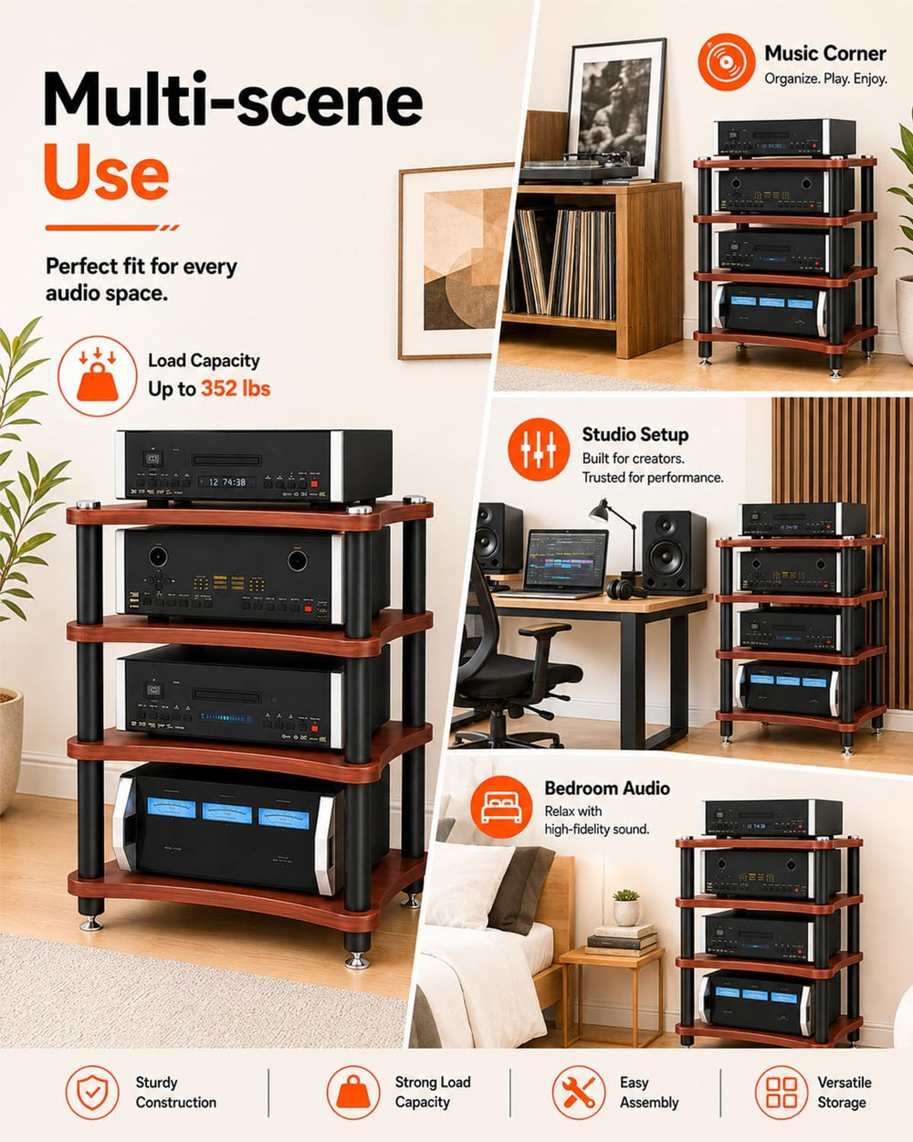 Heavy Duty 4-Tier AV Media Stand, 352 lb Load Capacity, Teak