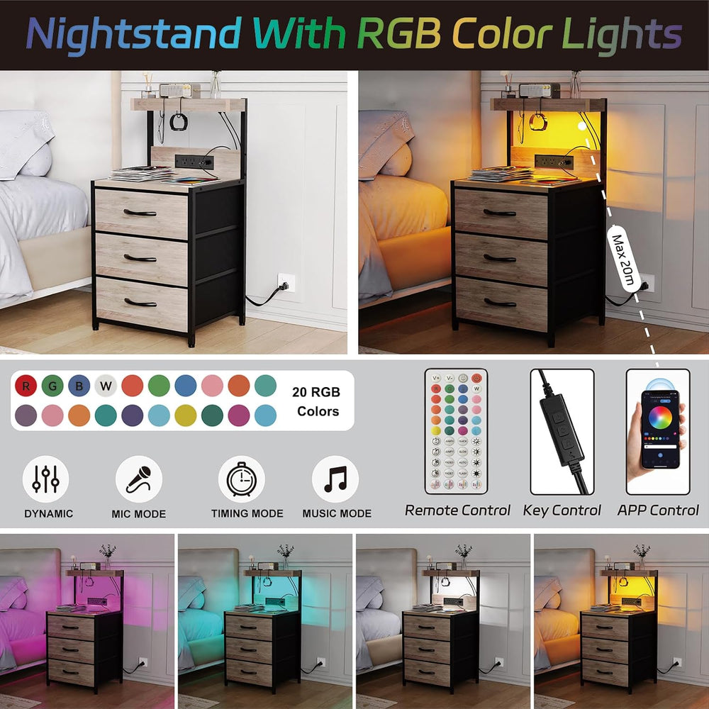 SZLHANJZ Nightstand Set of 2, with Charging Station, 3 Fabric Drawers