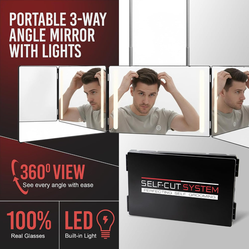 Self-Cut System 3 Way Mirror with LED Lights 14” L x 1” W - Black