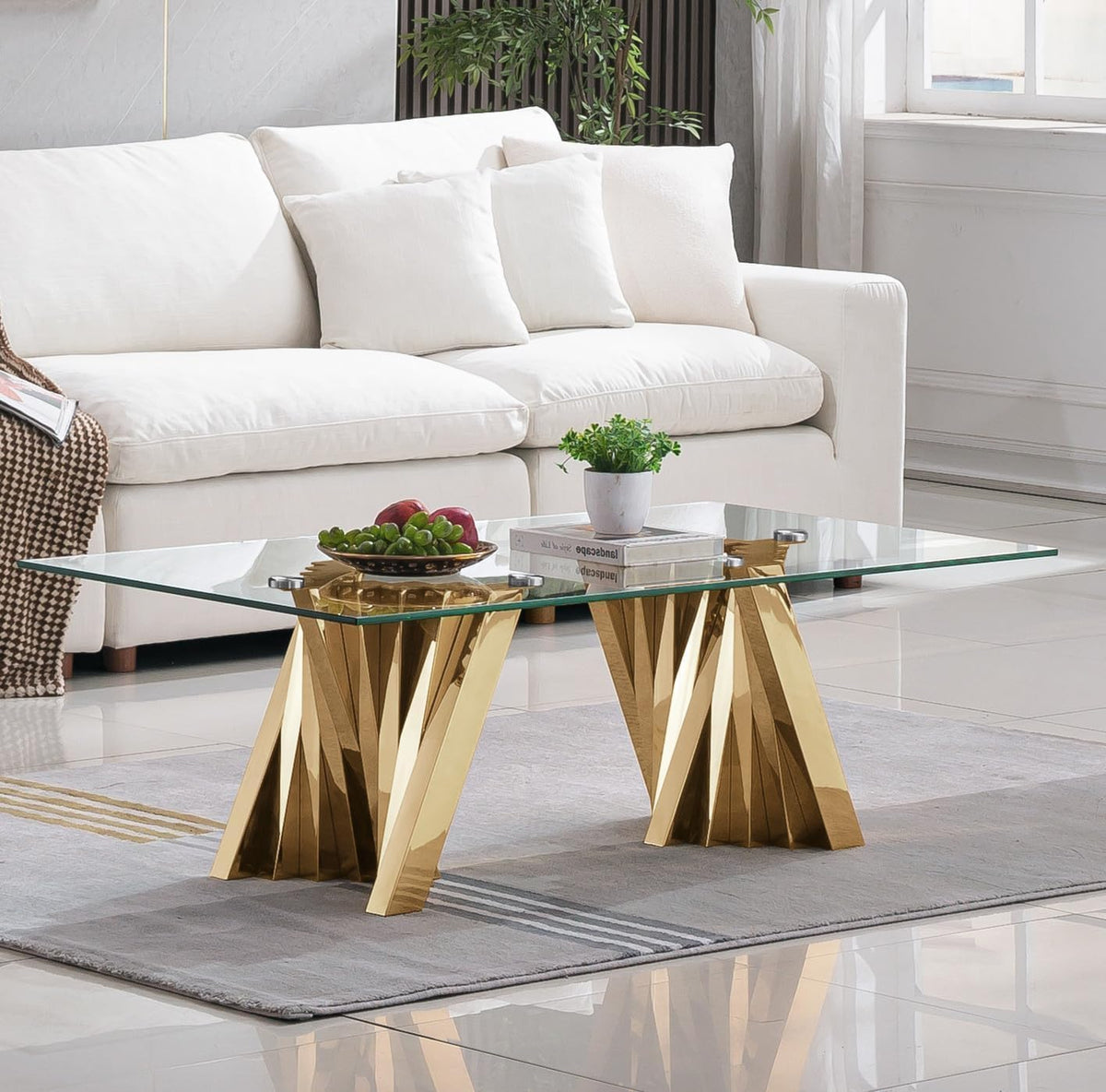 3 Piece Gold Living Room Table Set, Rectangular Modern Glass Coffee Table, Console Table and End Table, Luxury Coffee Table Set of 3 with Stainless Steel Legs for Apartment, Bedroom