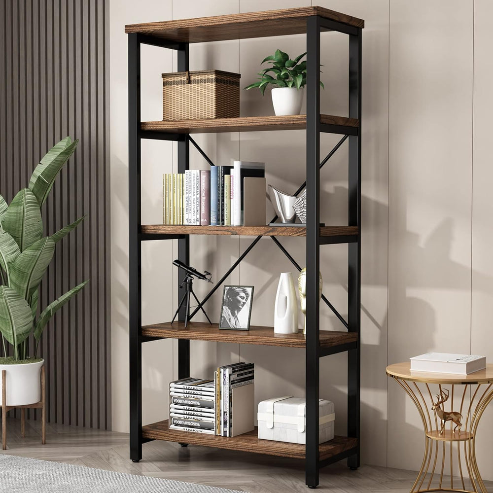 AY-AOYUAN 5-Tier Real Solid Wood Bookshelf, Industrial Metal Etagere