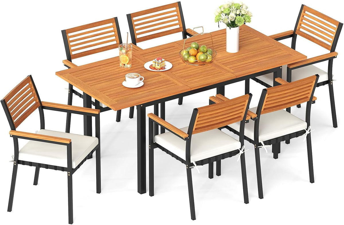 Tangkula 7 Piece Acacia Wood Outdoor Dining Set with 6 Stackable Armchairs