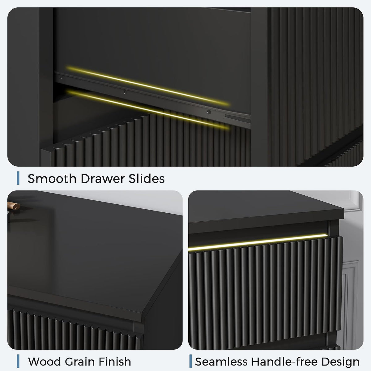 Jocoevol 6 Drawer Fluted Dresser, Modern Chest of Drawers for Bedroom with Hidden Handles, Wood Storage Organizer Cabinet for Living Room & Entryway, Black (15.7" D x 47.3" W x 31.6" H)