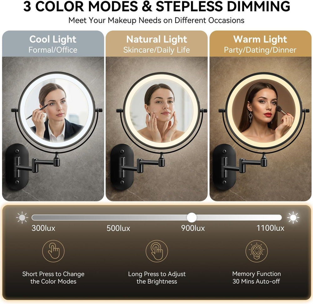 Auxmir 1X/30X Wall Mounted Makeup Mirror, 8" Rechargeable Magnifying Mirror