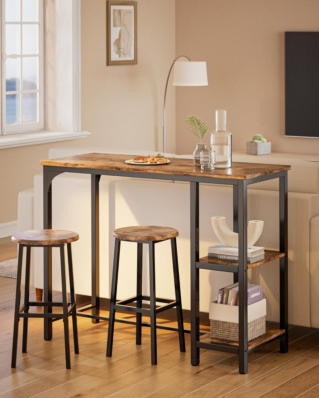 Qsun 3-Piece Bar Table Set for 2 | Bar Height Table with Stools & 2 Storage Shelves, Small Bar Table Set with Glass Rack, Small Kitchen Table for Dining Room