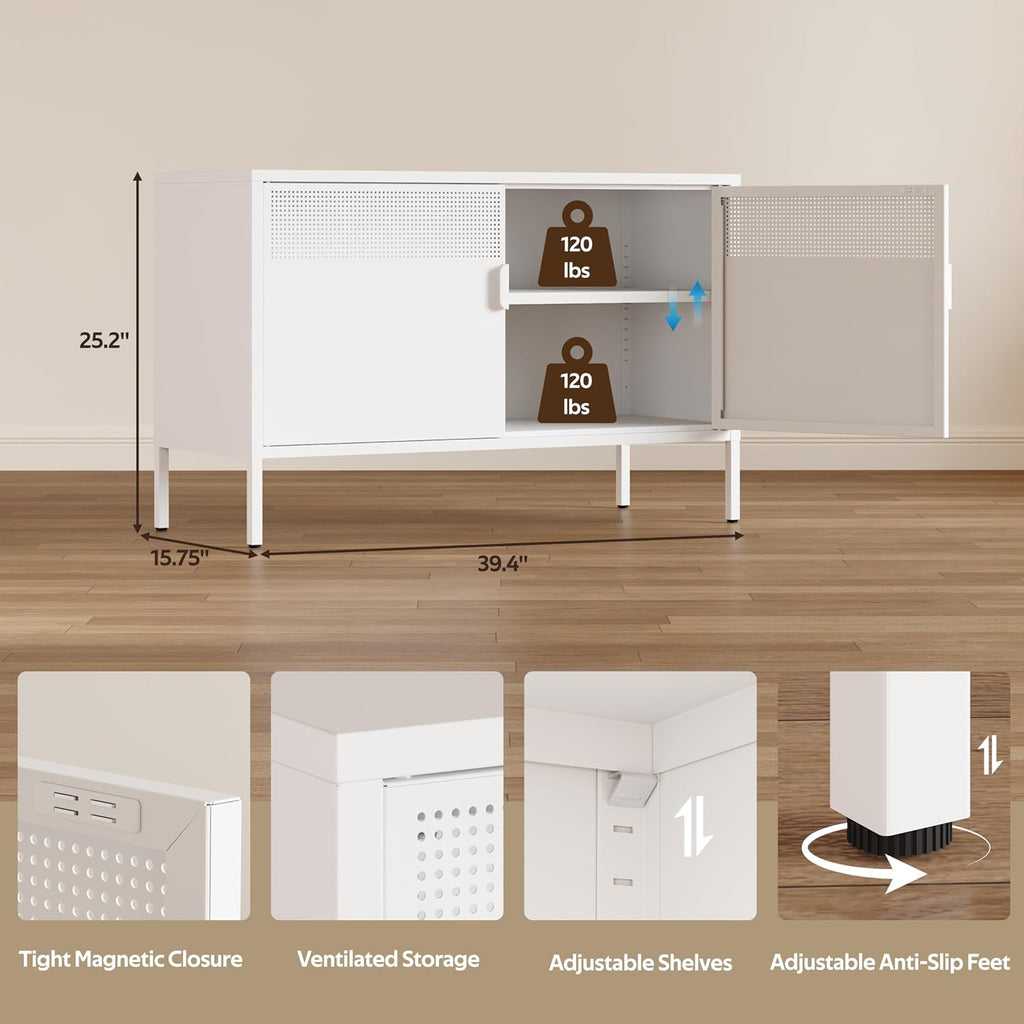 Metal Storage Cabinet with 2 Doors & Adjustable Shelves, White