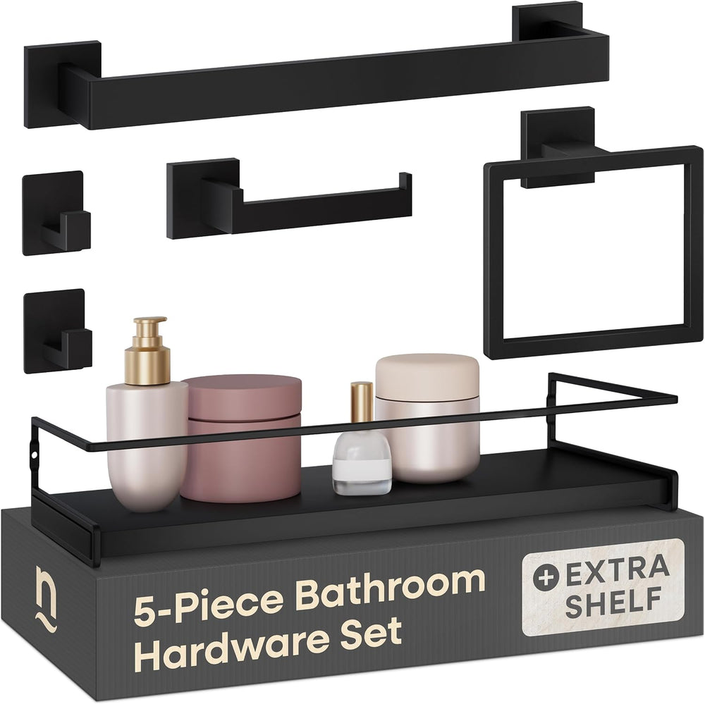Black Bathroom Hardware Set, 5-Piece + 15.7" Shelf & 2 Adhesive Robe...