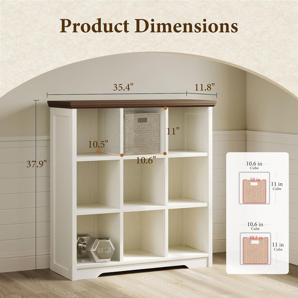 OffiGo 9 Cube Organizer Bookcase, Cube Shelf with Storage, Walnut + White