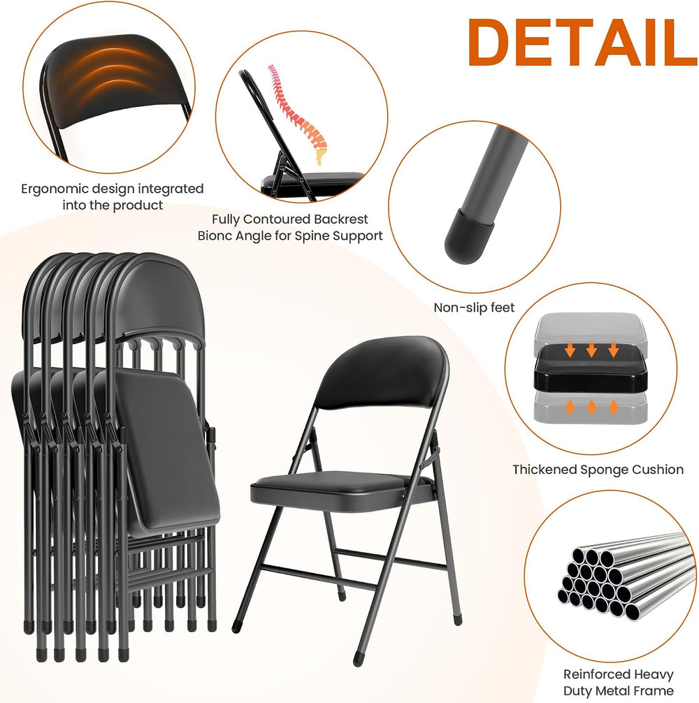 Black Padded Folding Chairs 12 Pack with PU Cushion and Back