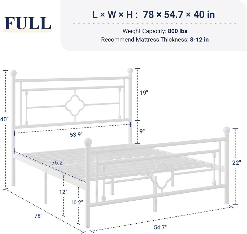 Allewie Full Size Metal Platform Bed Frame, Victorian Headboard, White
