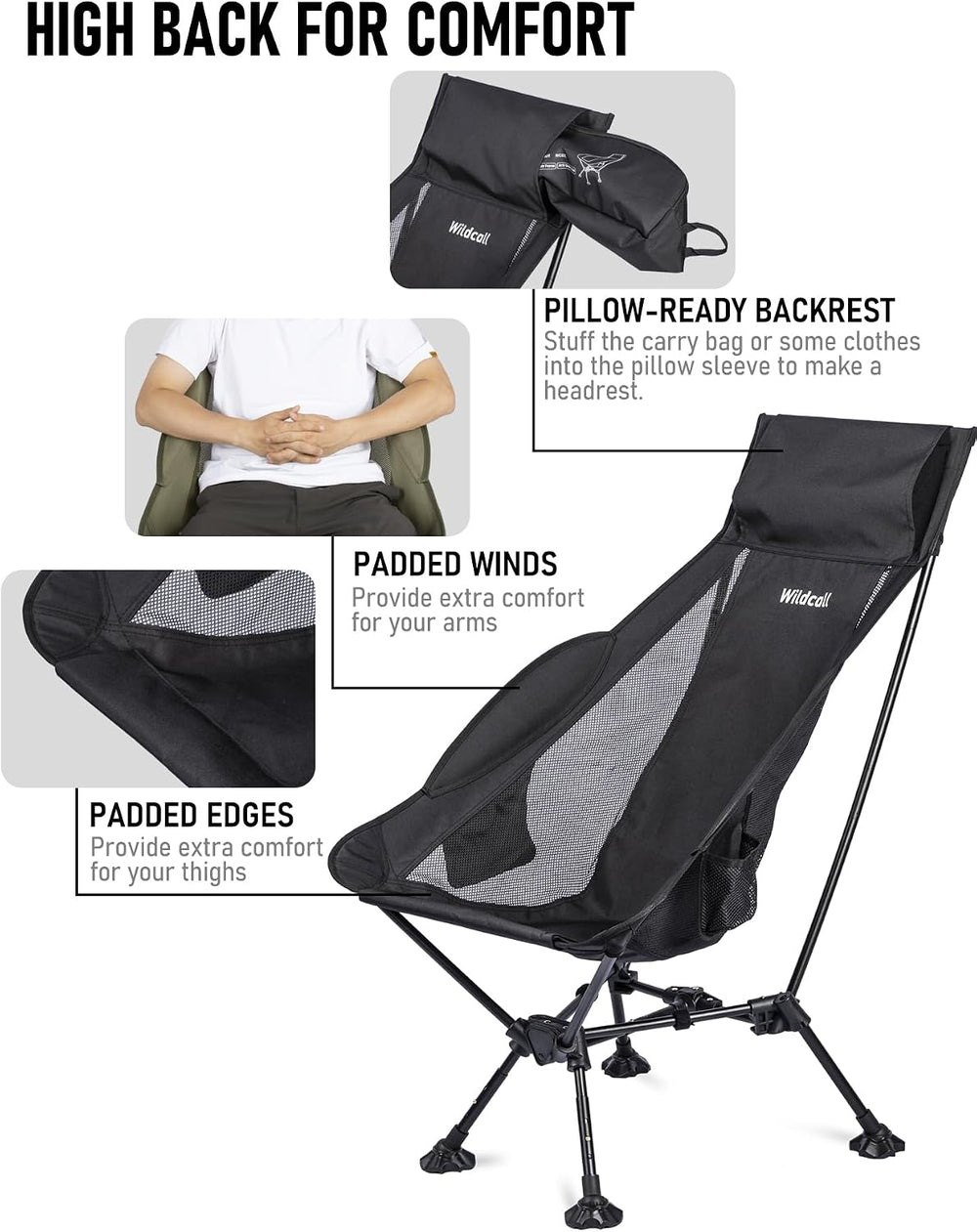 WildCall Lightweight Folding Camping Chair Anti-Sinking Chair, High Back