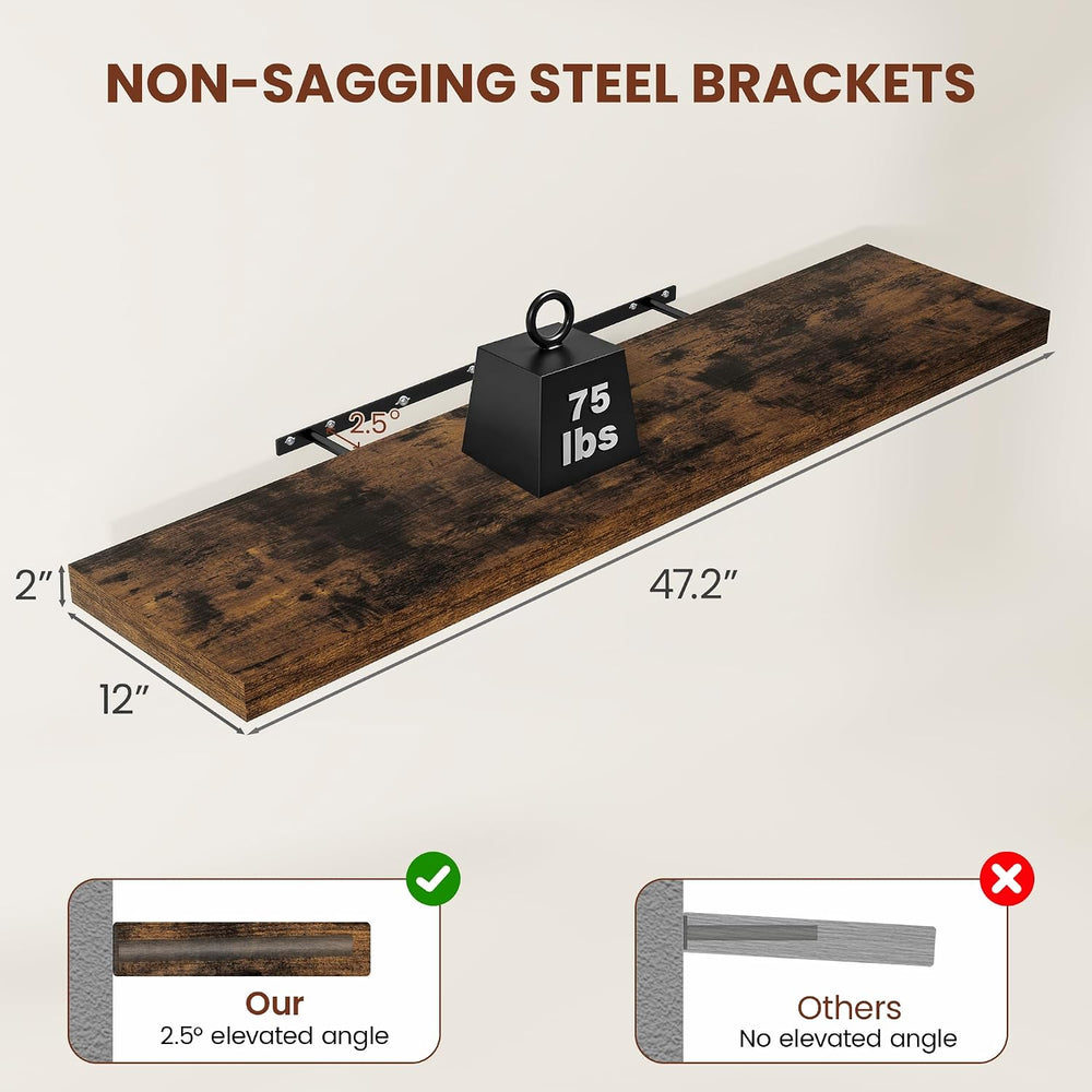 Vivelove Deep Floating Shelves 48x12” Set of 2, Rustic Brown