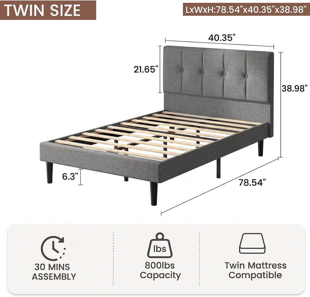 Twin Bed Frame, Completed Linen Upholstered Headboard, Dark Gray
