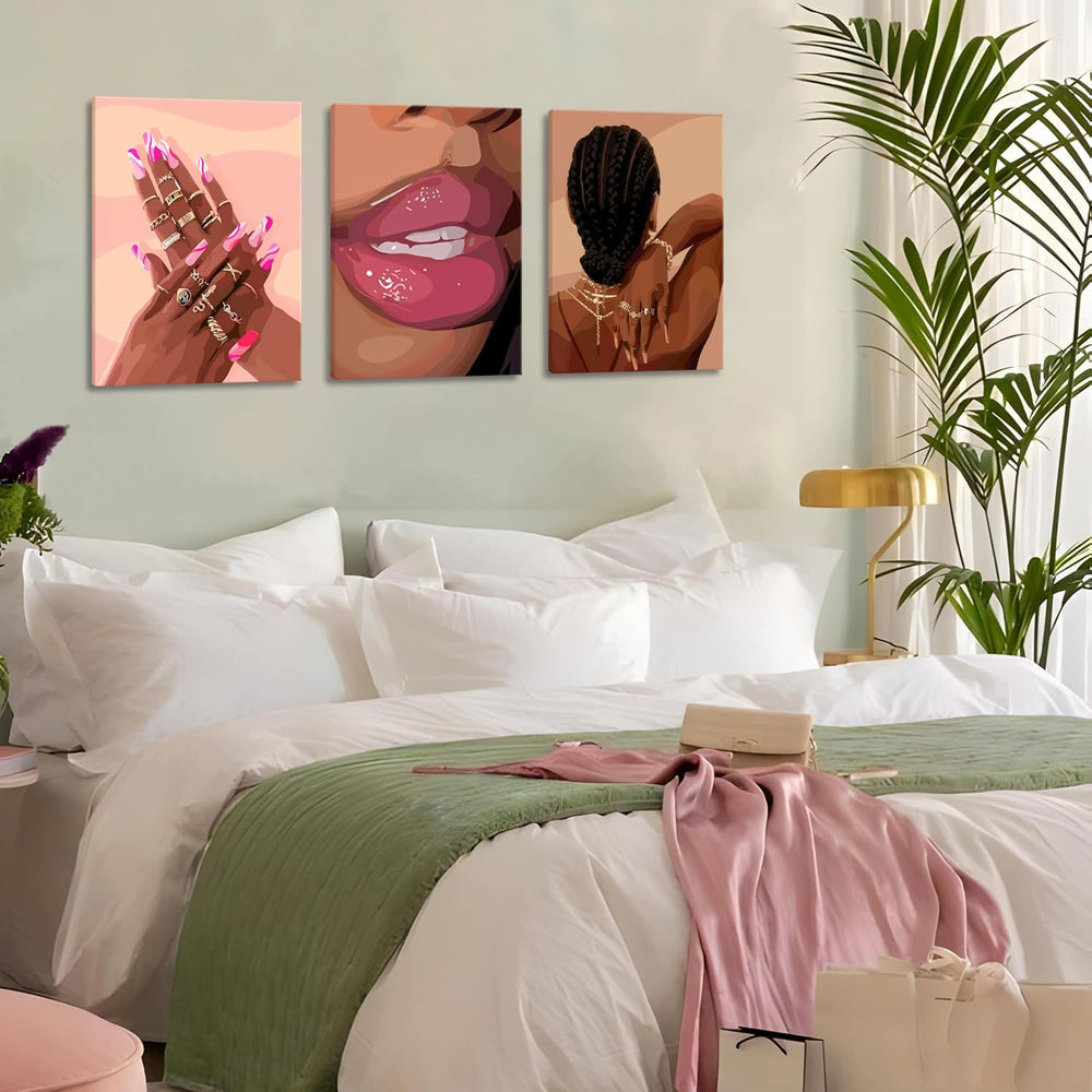 Black Girl Pink Wall Art Set of 3 African American Black Women Canvas Posters...