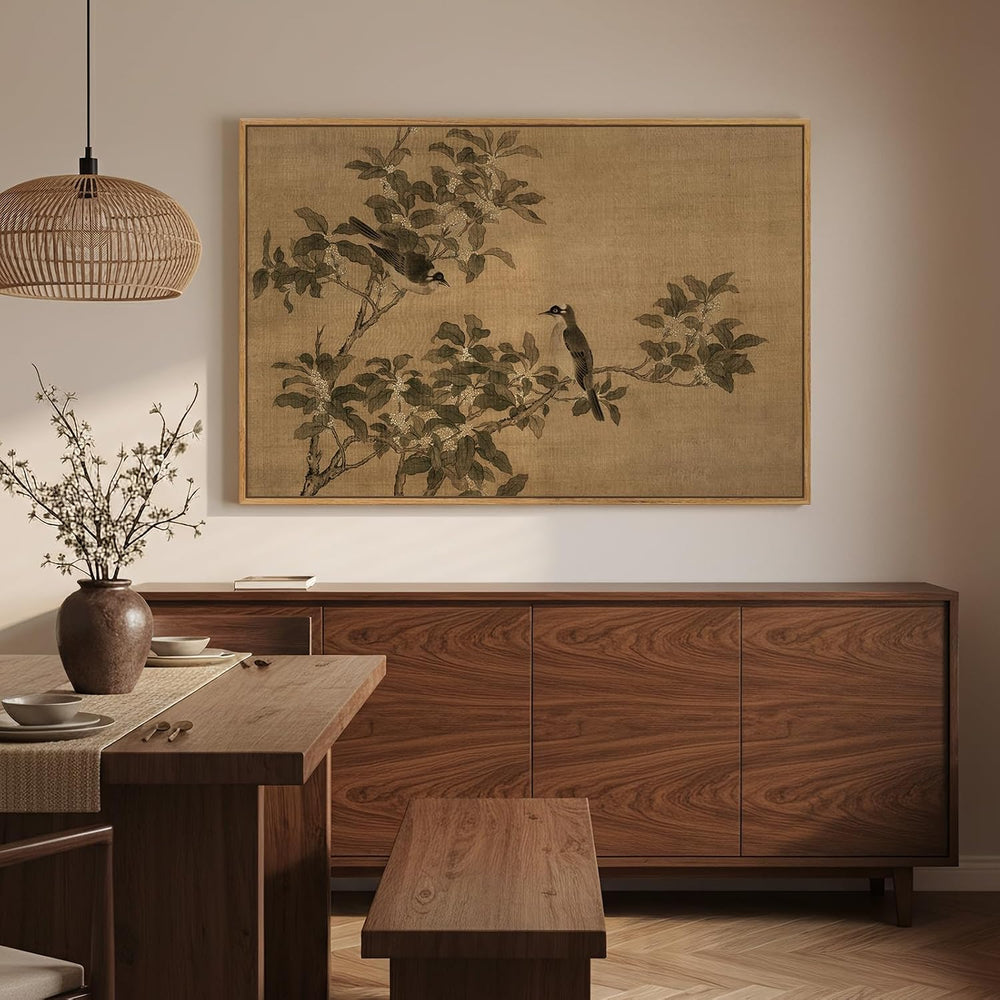 Framed Vintage Neutral Rustic Botanical Bird Chinoiserie wall art, 24x36 In