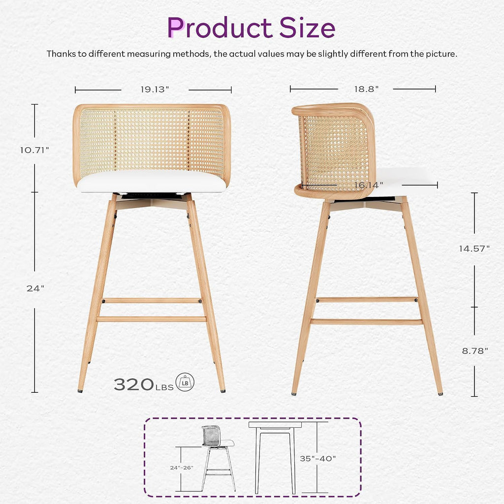 26" Rattan Bar Stools Set of 2, Swivel Counter Height Barstools, White