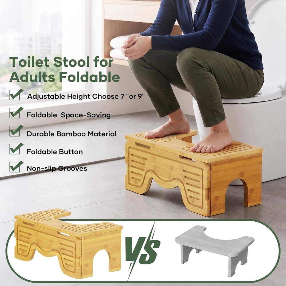Bamboo Toilet Stool Adjustable Heights,Foldable Potty Stool for Adult