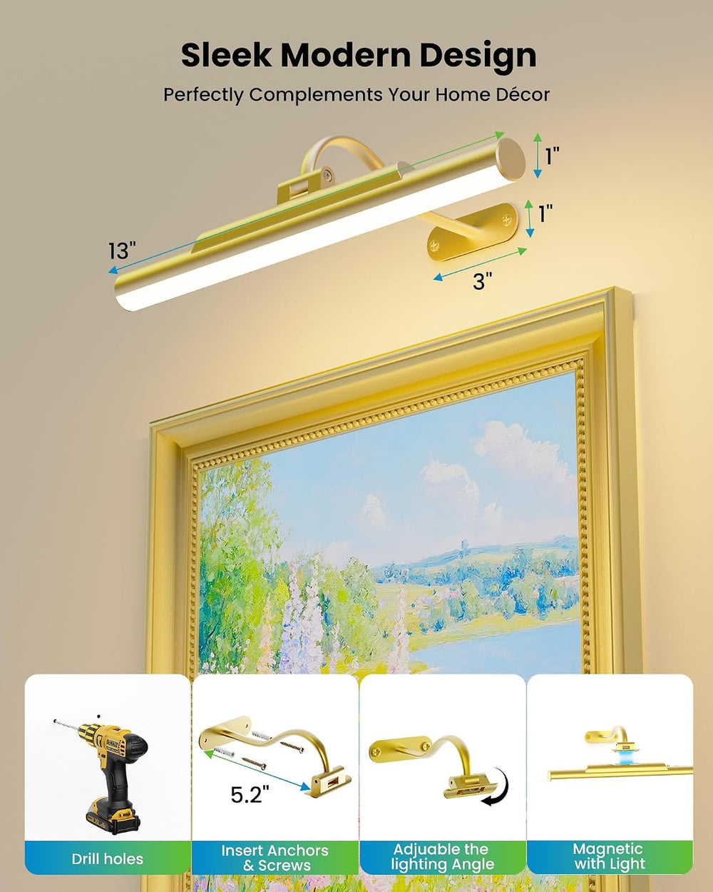 3Pack Picture Lights for Gallery Wall Art, Gold 13in