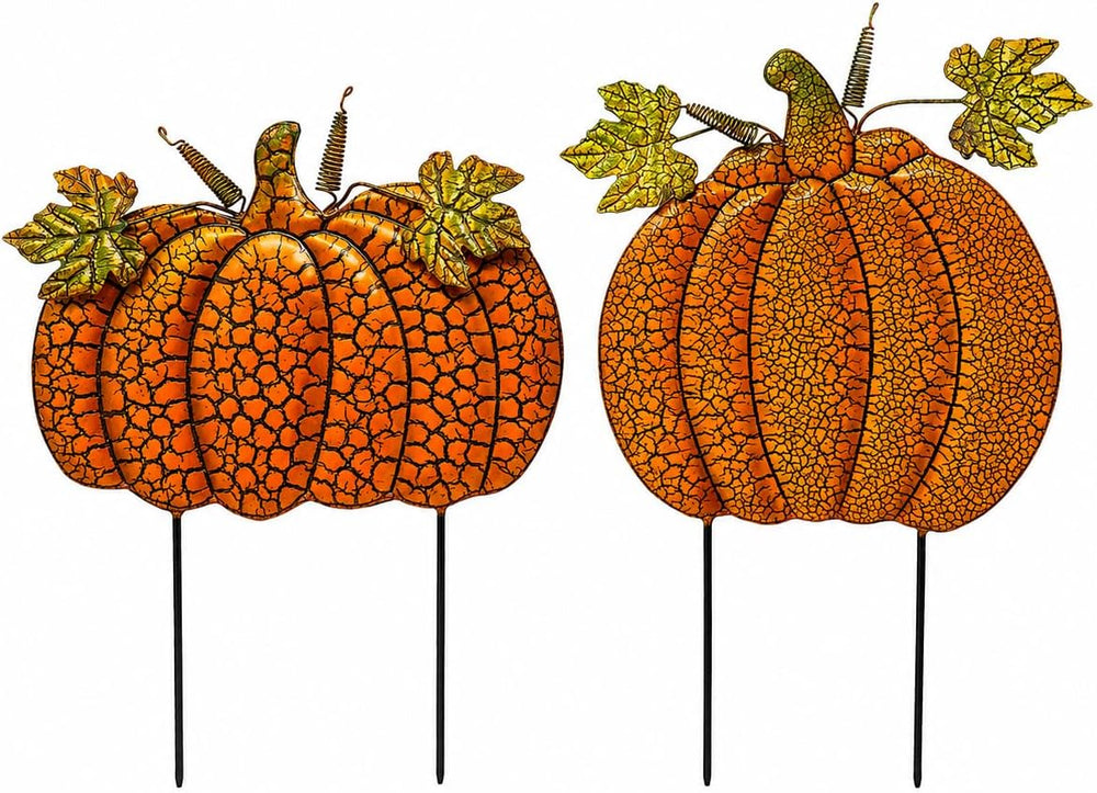S/2 Garden Stakes Metal Pumpkins Outdoor Decor Thanksgiving Fall Harvest Hall...