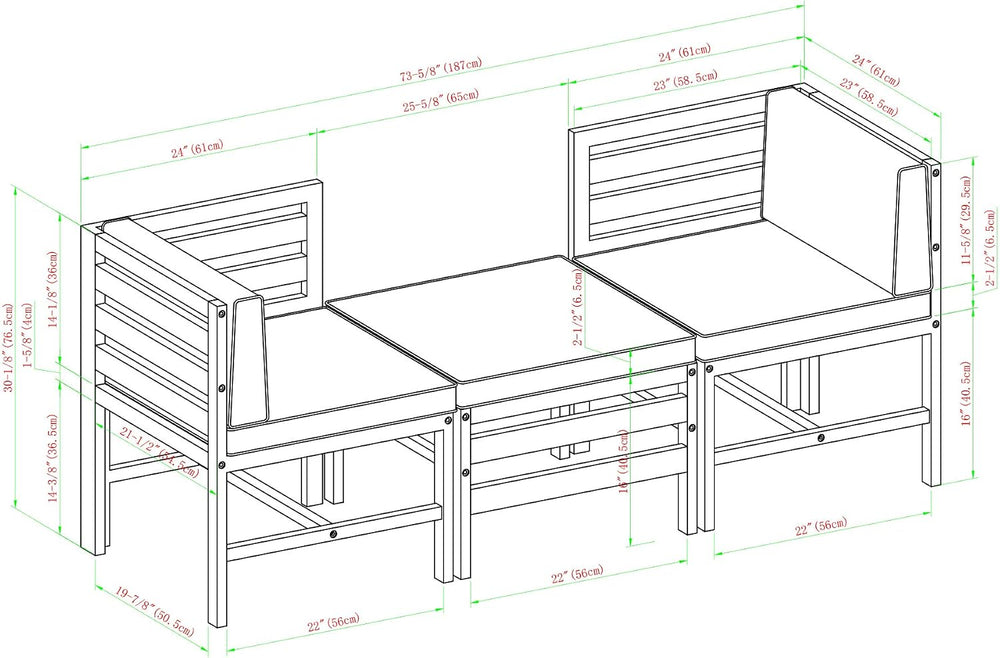Walker Edison Ravello Contemporary 3 Piece Acacia Wood Outdoor Modular Chat S...