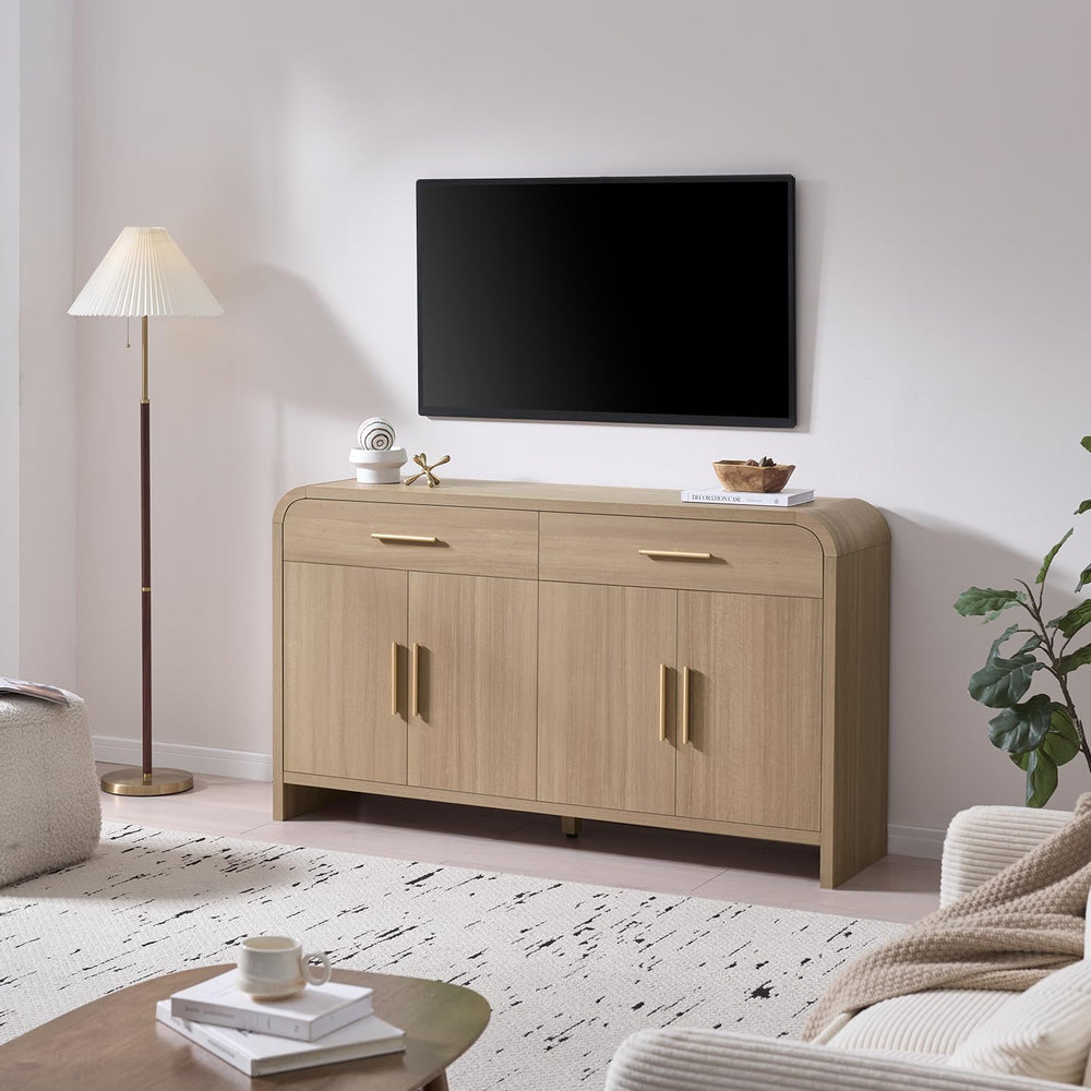 59" Sideboard Buffet Cabinet with Storage, 4 Doors Wood Cabinet Natural Oak