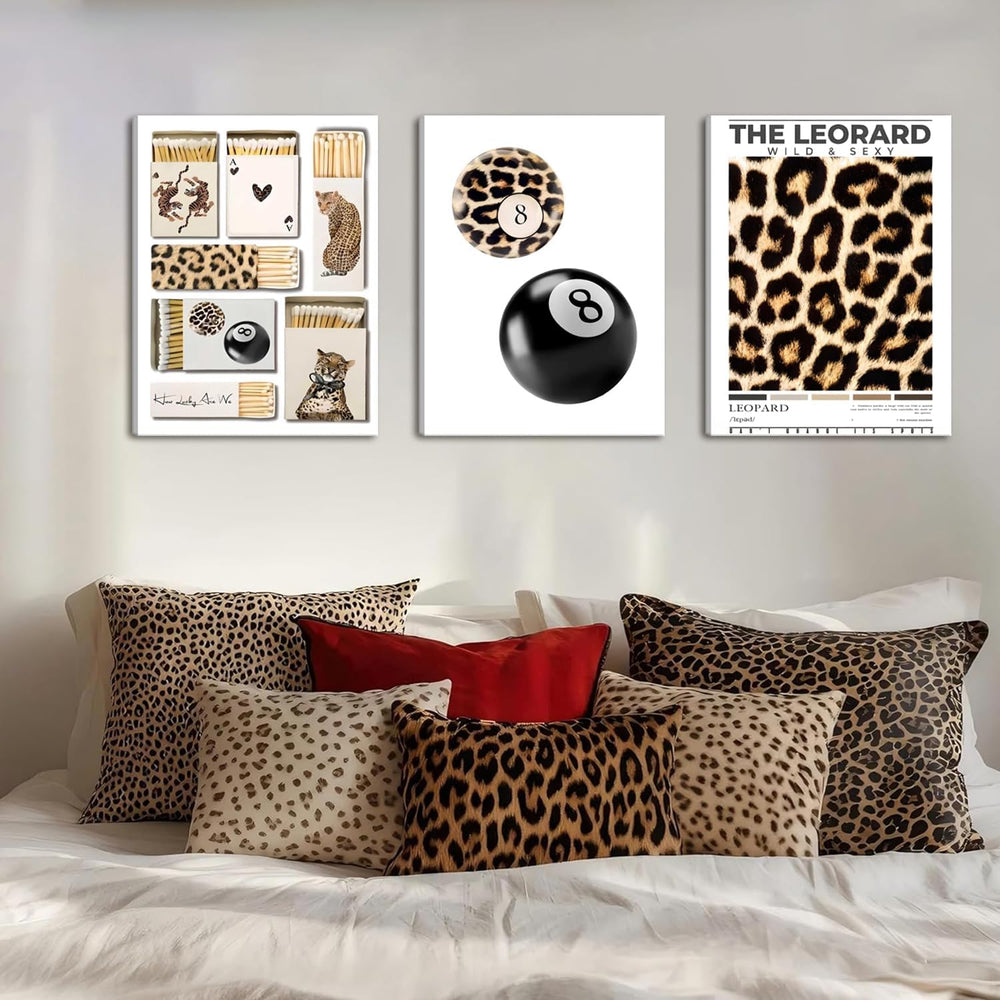 Framed Trendy Leopard Canvas Wall Art Set of 3, Preppy Cheetah Lucky 8 Ball P...