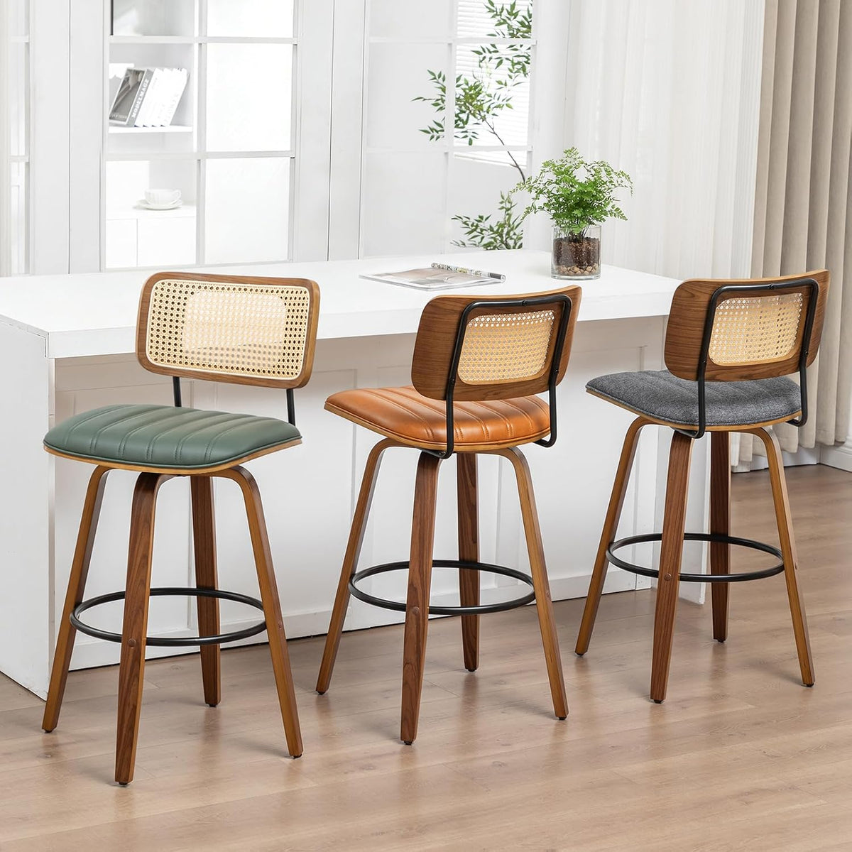 30 inch Kitchen Bar Stools, Mid Century Modern Rattan Swivel Bar Stools
