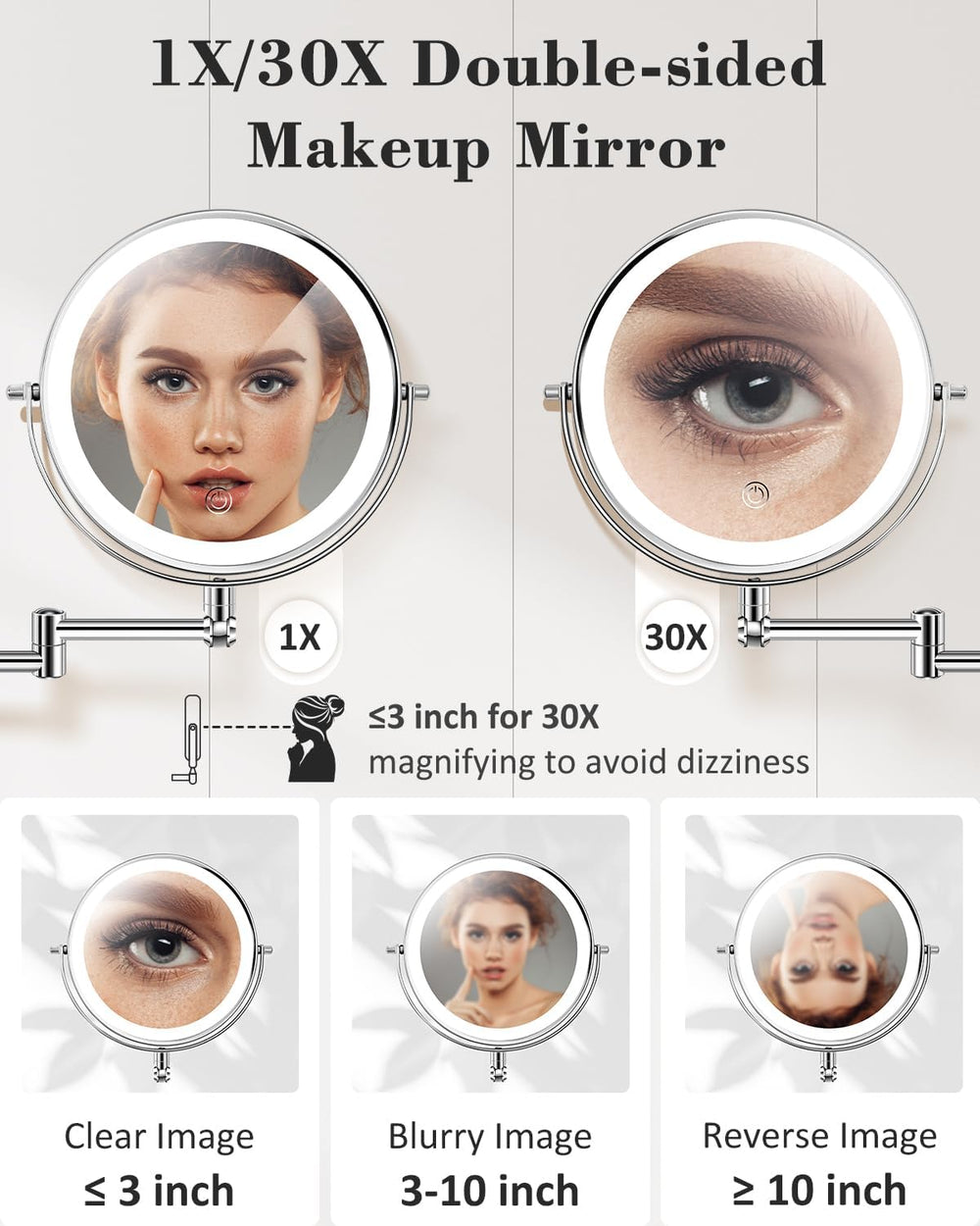 9'' 30X/1X Wall Mounted Height Adjustable Lighted Magnifying Makeup M...