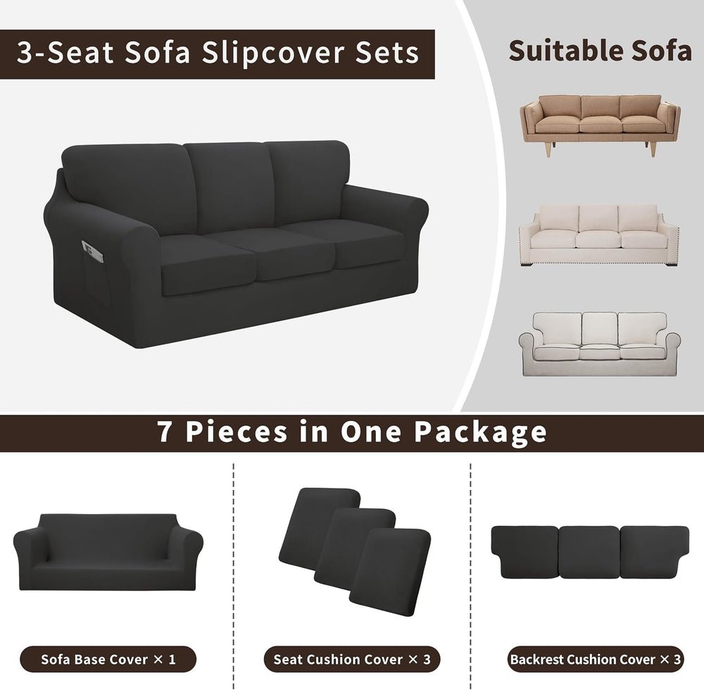 Easy-Going 7 Pieces Stretch Sofa Couch Cover, Large, Dark Grey